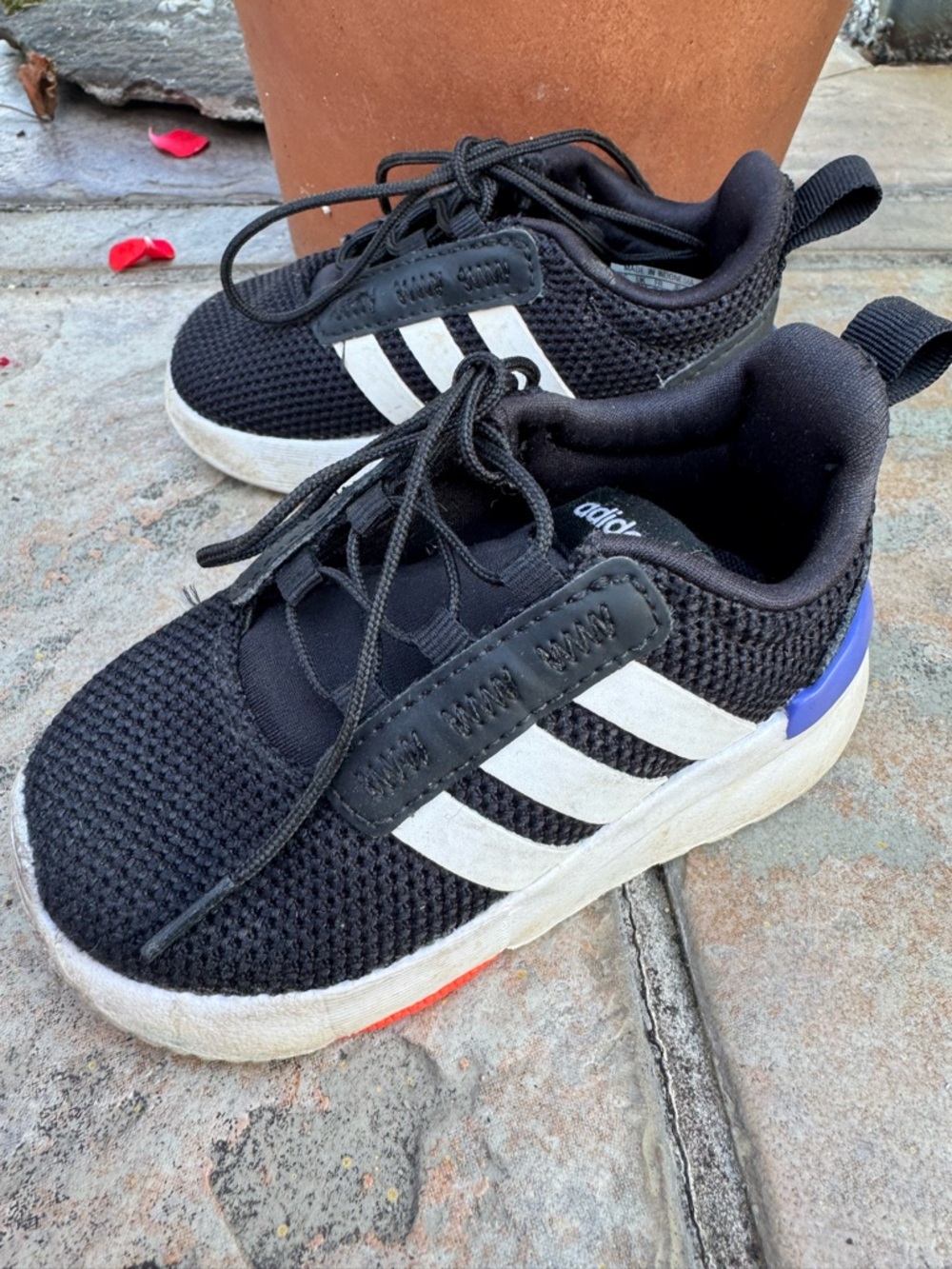 adidas Black Toddler Sneakers with White Stripes and Blue Heel Accent 5